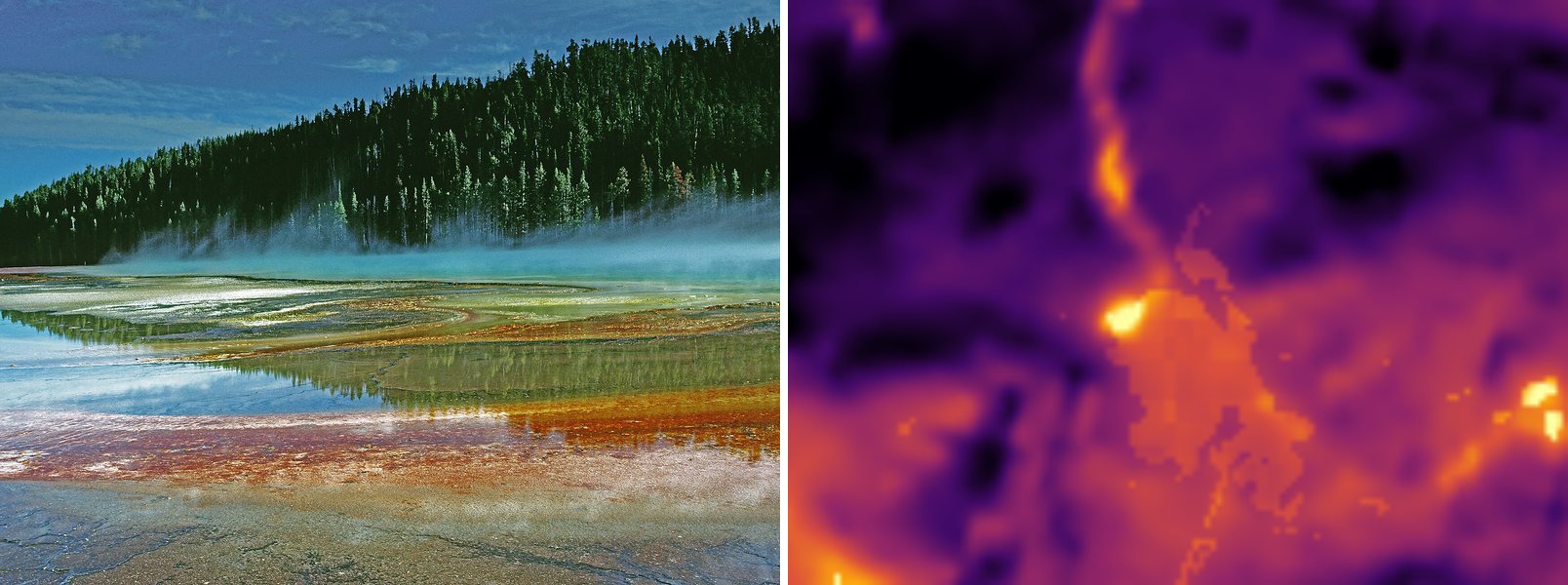 Photo and Landsat thermal view of Midway Geyser Basin