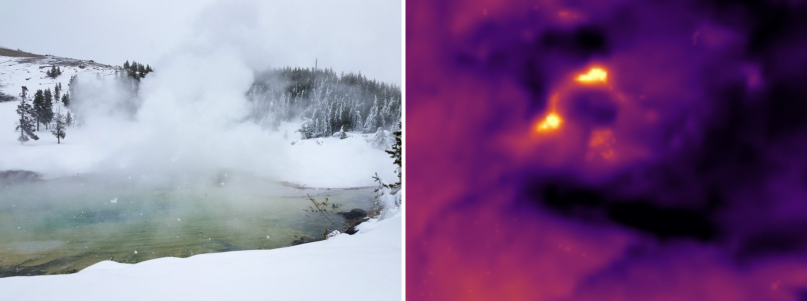 Photo and Landsat thermal view of Imperial and Spray Geysers