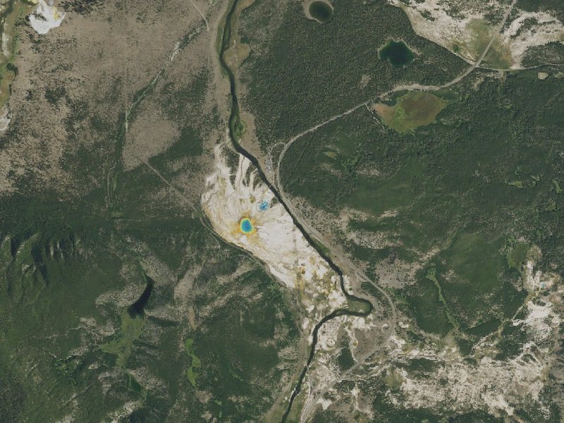 Aerial view of the ground around Excelsior Geyser Crater