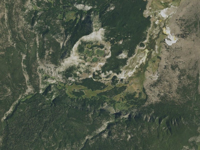 Aerial view of the ground around Imperial Geyser, Spray Geyser