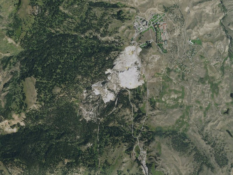 Aerial view of the ground around Mammoth Hot Springs