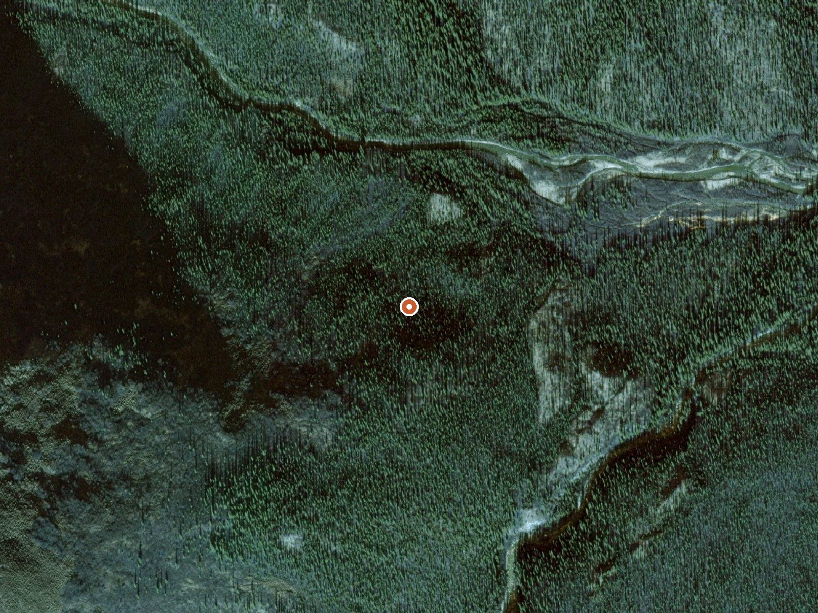 Aerial view of the ground around Hot Spring Near Arrigetch Peaks