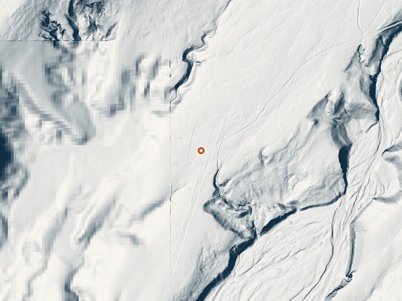 LiDAR bare-earth view of the same ground around Cofer Hot Spring