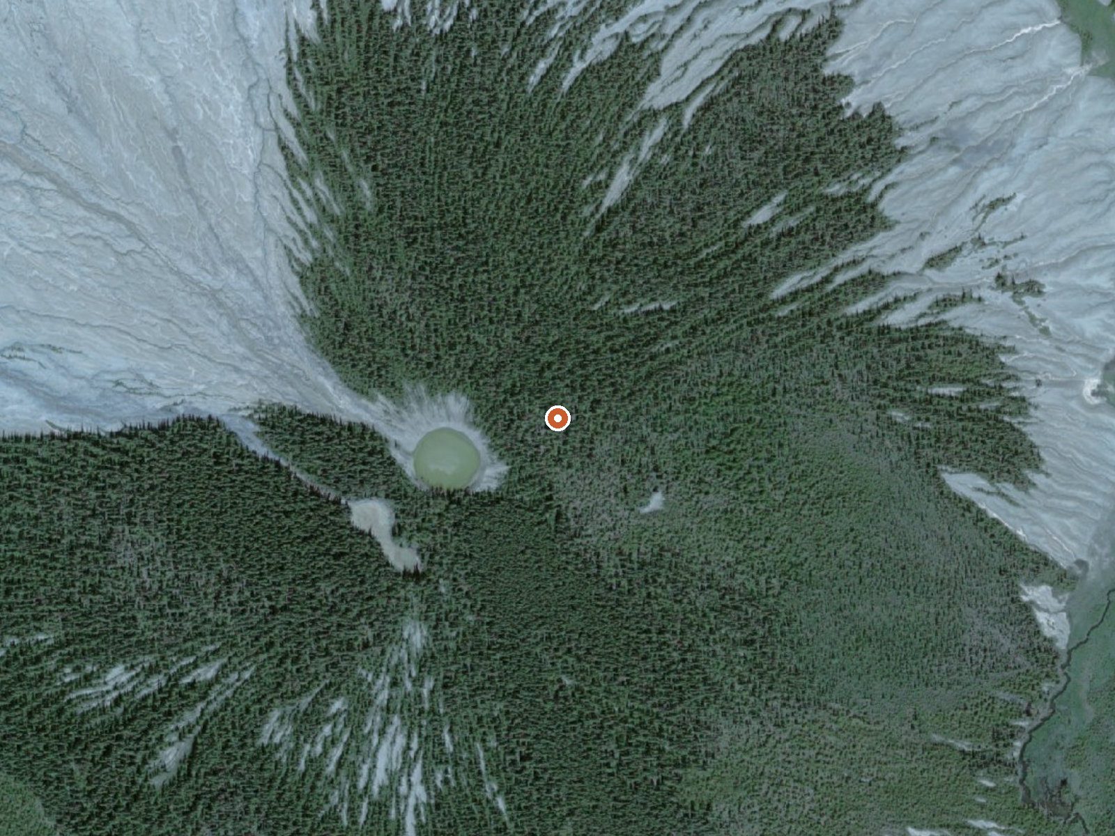 Aerial view of the ground around Mineral Spring (Lower Klawasi Cone)