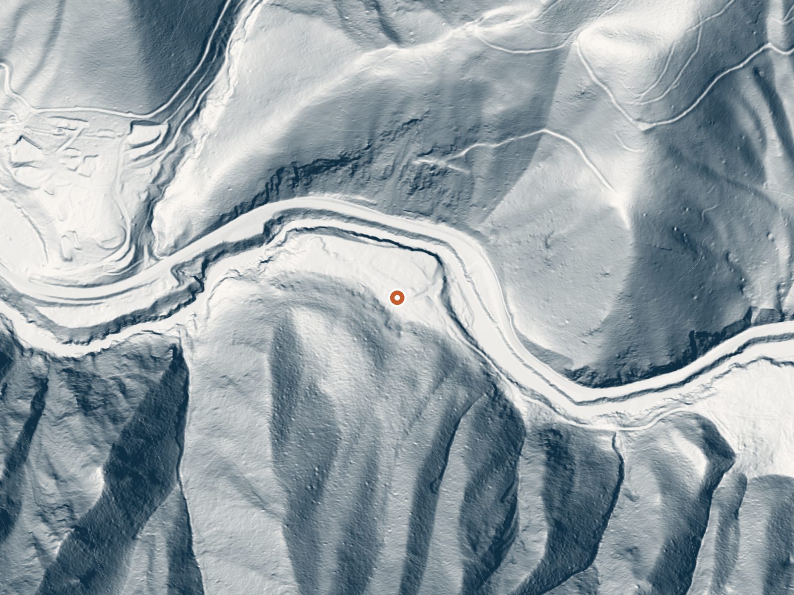 LiDAR bare-earth view of the same ground around Kirkham Hot Springs