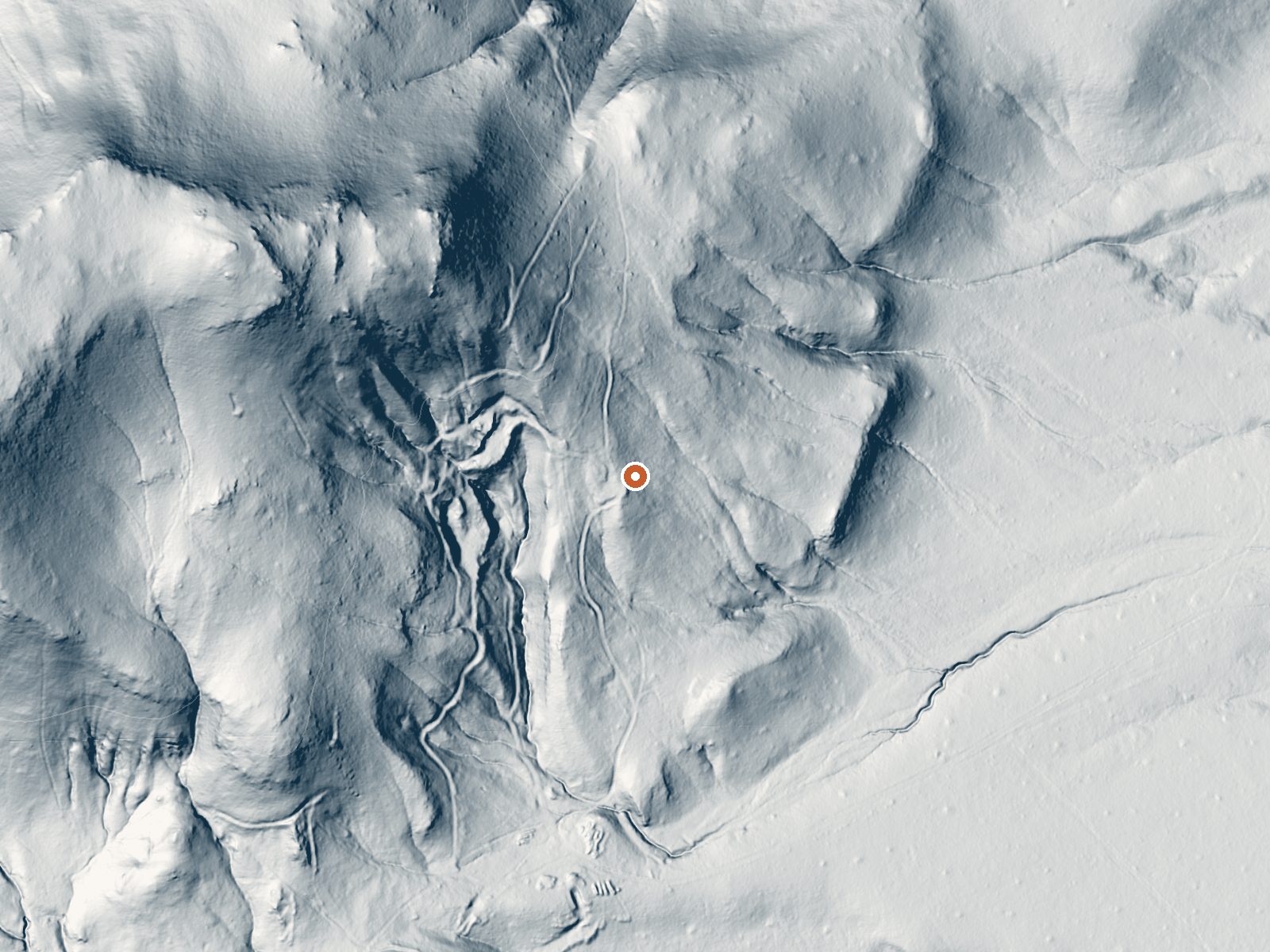 LiDAR bare-earth view of the same ground around Painted Hills Mine