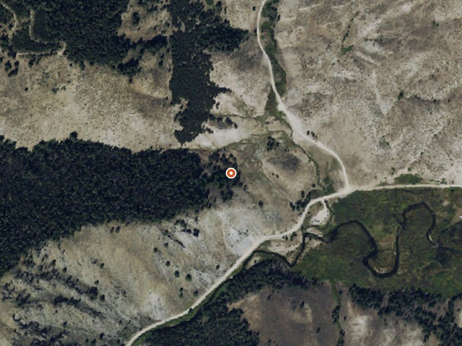 Aerial view of the ground around Worswick Hot Springs