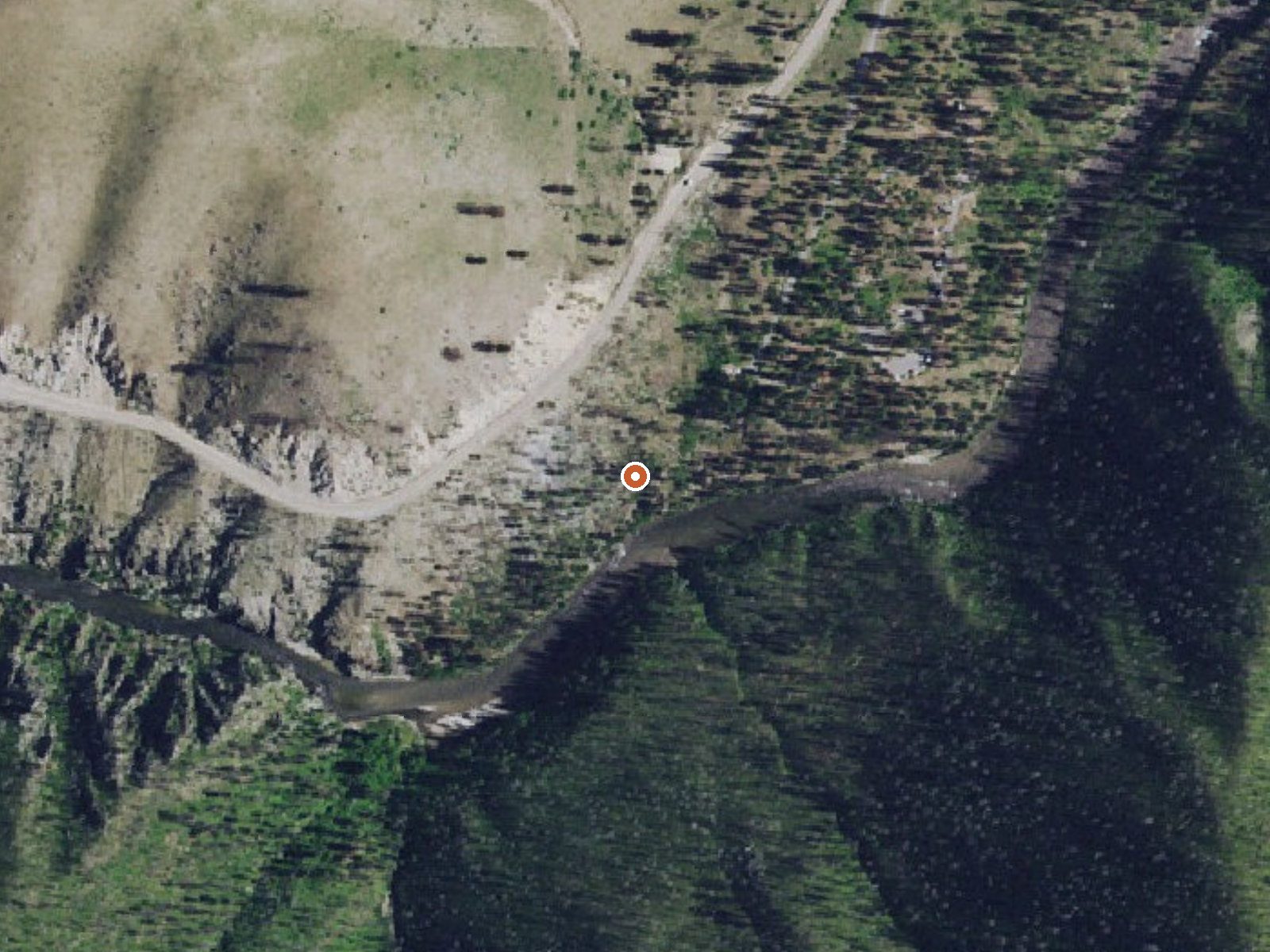 Aerial view of the ground around Pine Flat Hot Springs