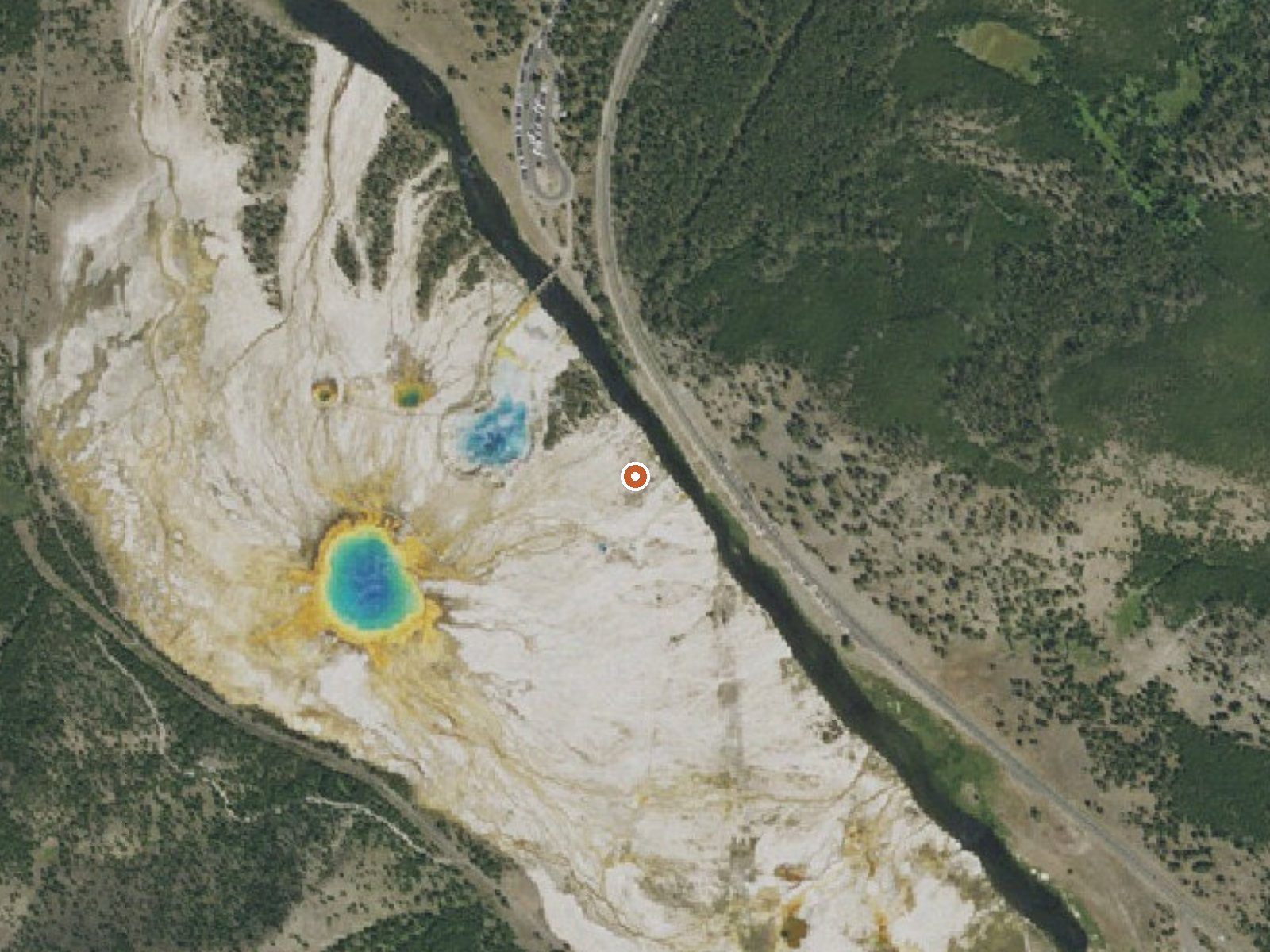 Aerial view of the ground around Excelsior Geyser Crater
