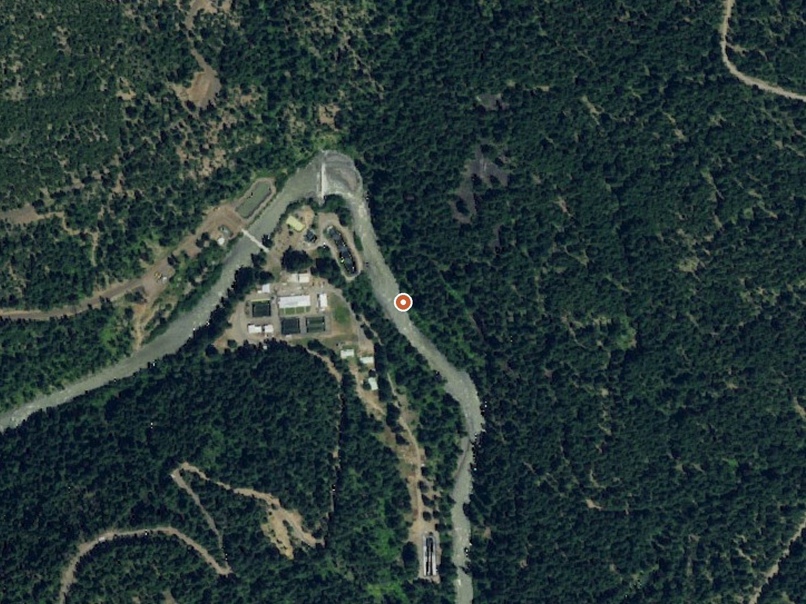Aerial view of the ground around Fish Hatchery Warm Spring
