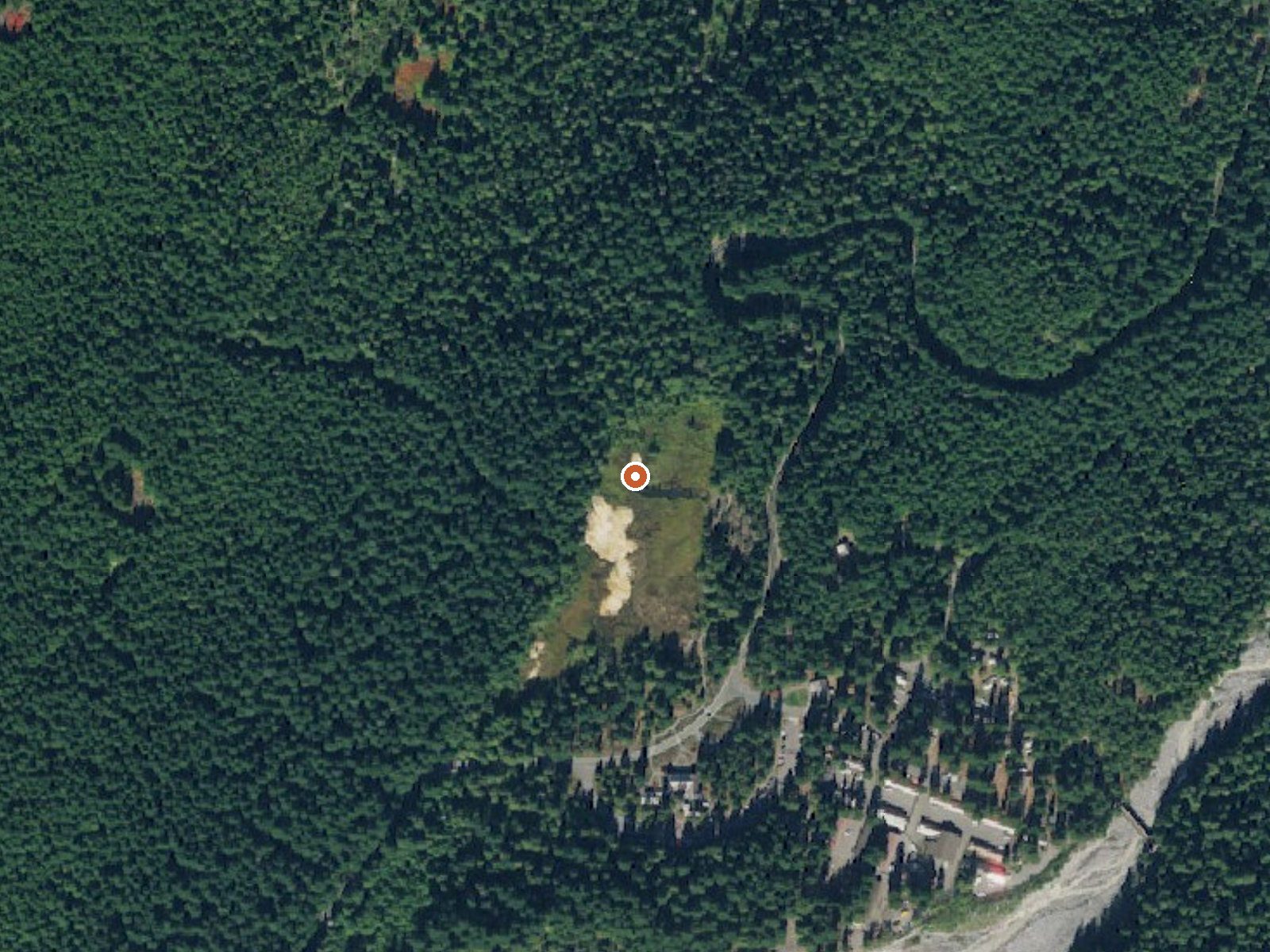 Aerial view of the ground around Longmire Mineral Springs