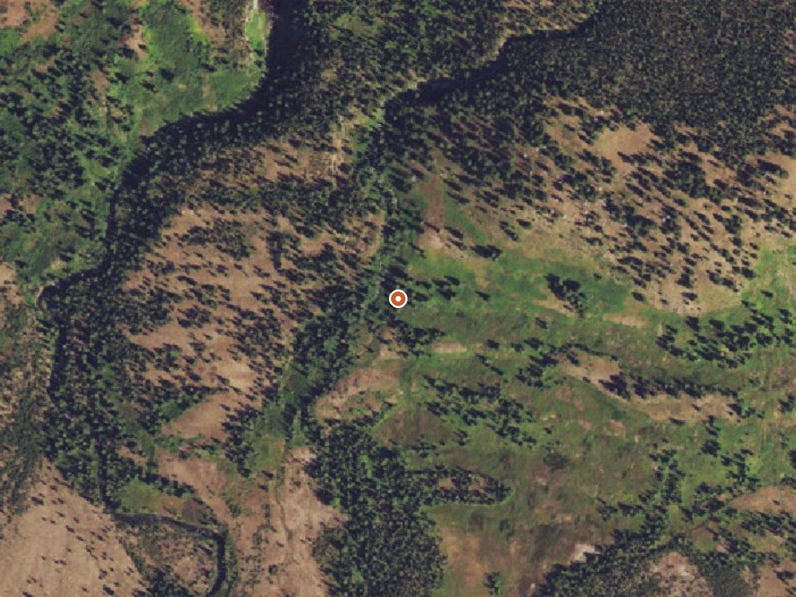 Aerial view of the ground around Boundary Creek Hot Springs