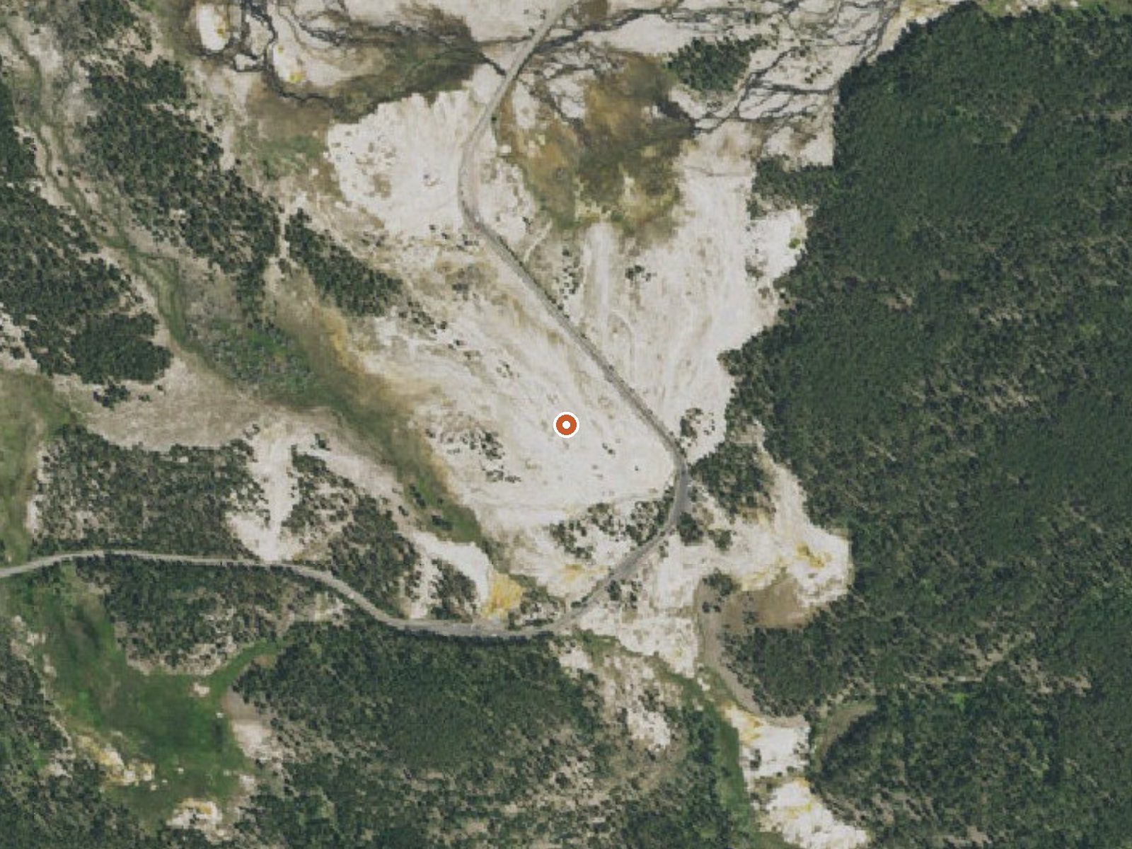 Aerial view of the ground around White Dome Geyser, Surprise Pool