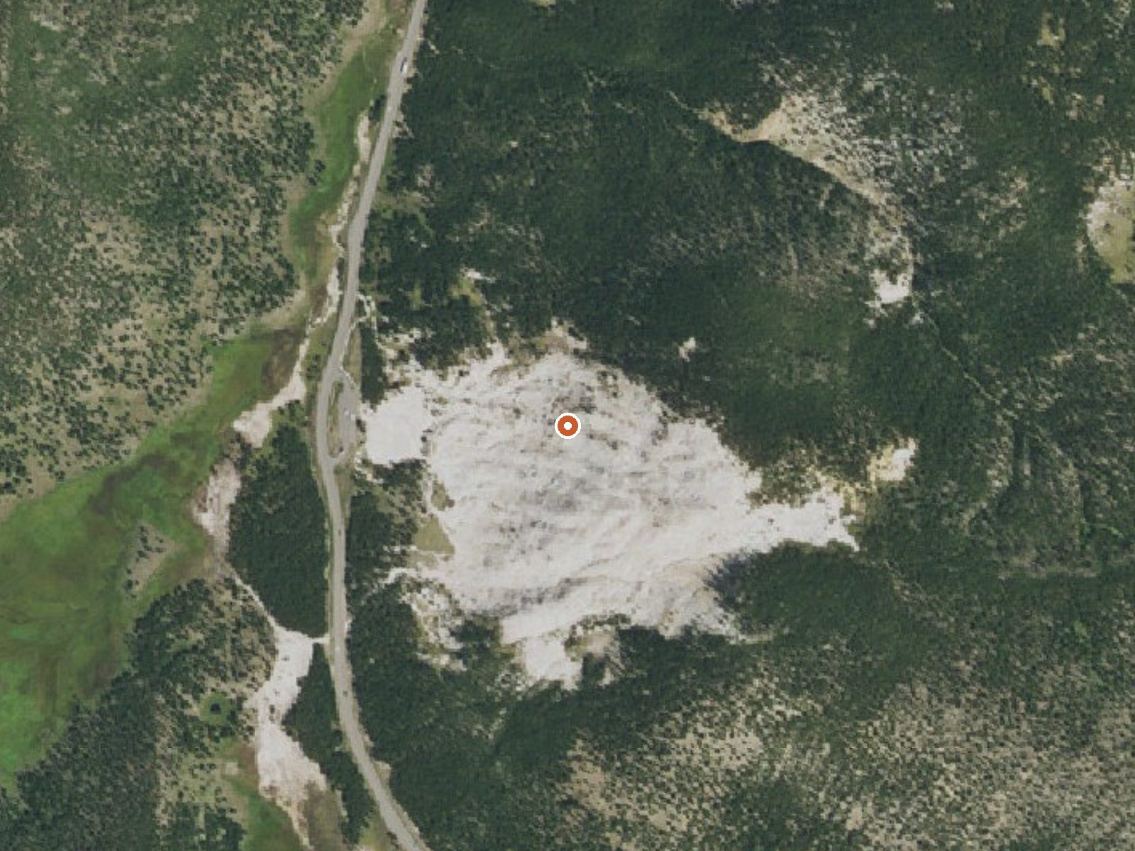 Aerial view of the ground around Steam Vents At Roaring Mountain