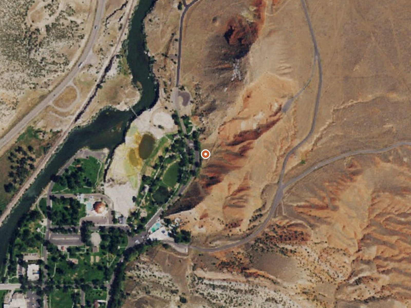 Aerial view of the ground around Thermopolis Hot Springs